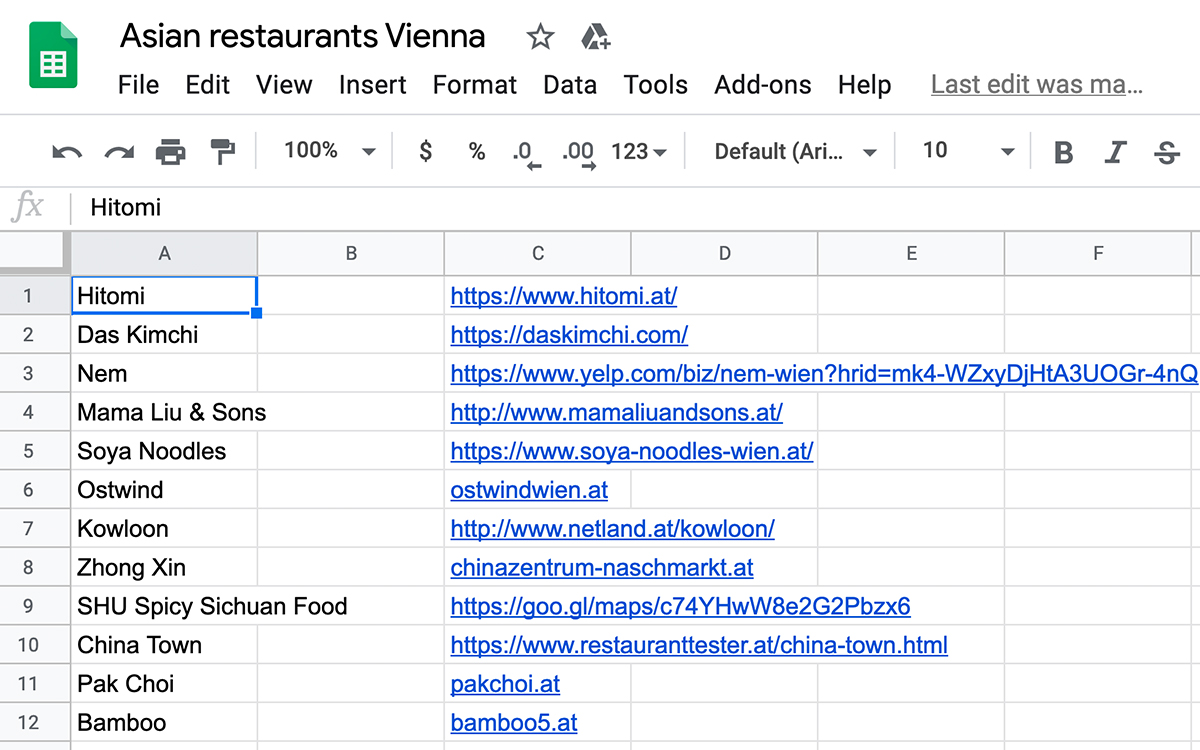 Public spreadsheet to enter Asian restaurants in Vienna, Austria