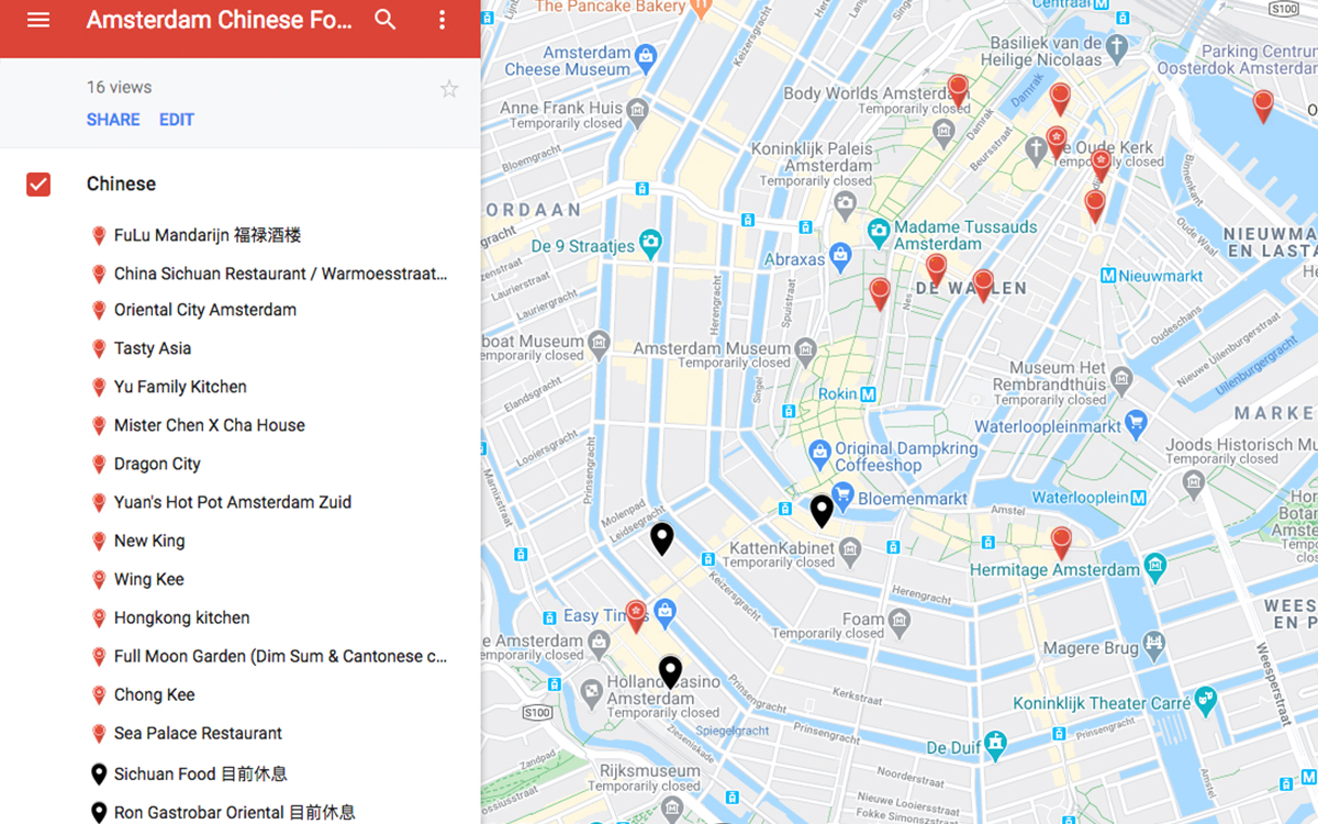 A map of Chinese restaurants in Amsterdam Central, South and North